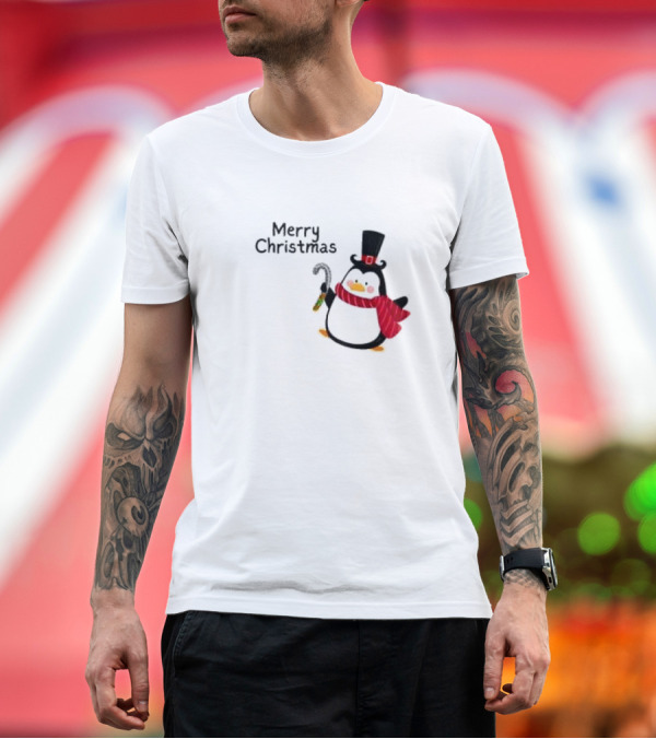 Premium T-Shirt: Merry Christmas Penguin with Candy Cane and Top Hat T-Shirt Merry Christmas Penguin with Candy Cane and Top Hat T-Shirt