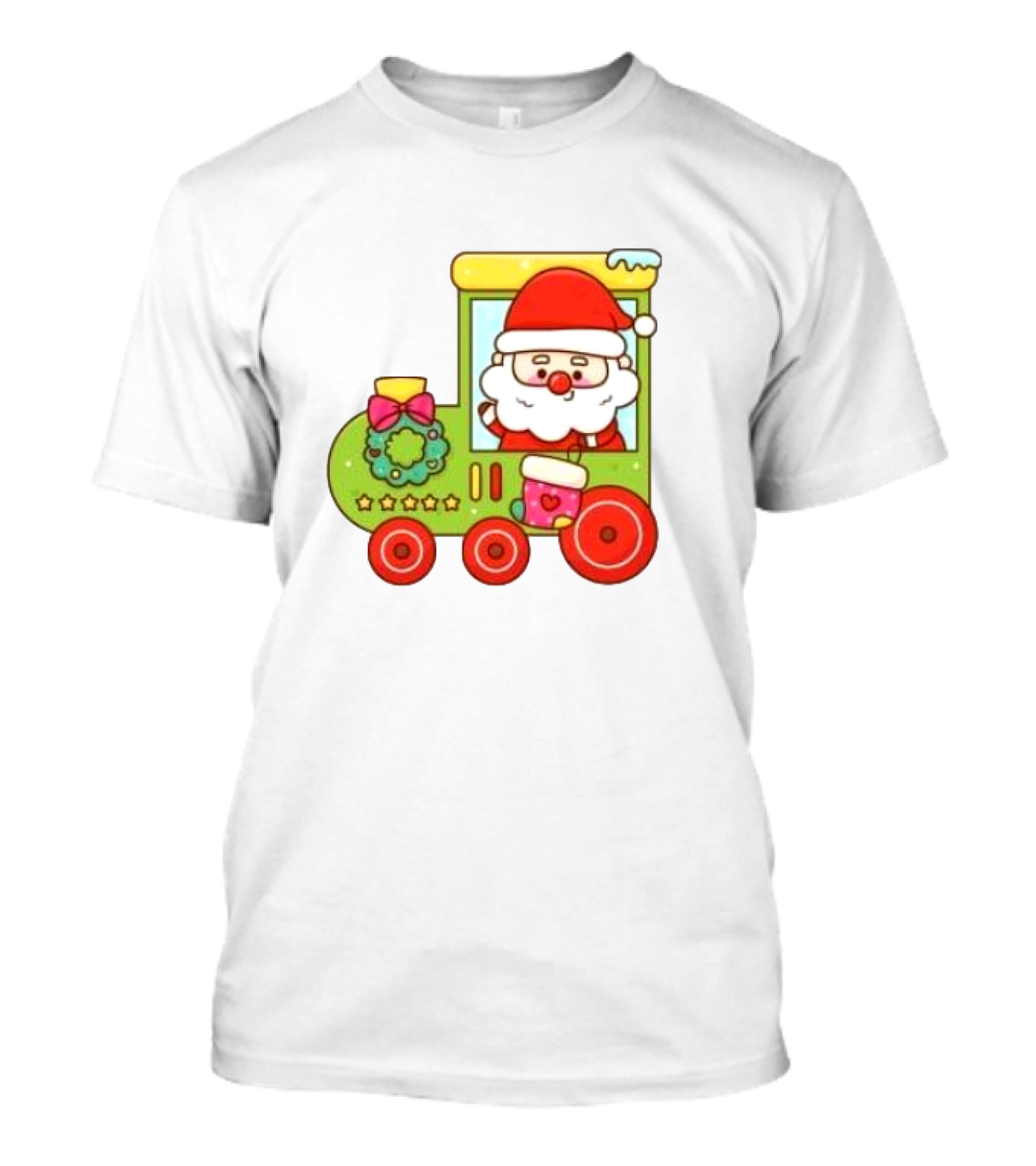 Santa Cute Christmas Train With Wreath And Stars T-Shirt