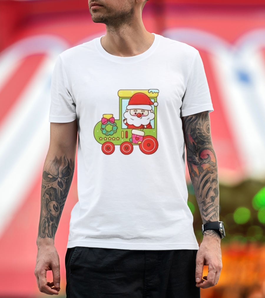 Santa Cute Christmas Train With Wreath And Stars T-Shirt