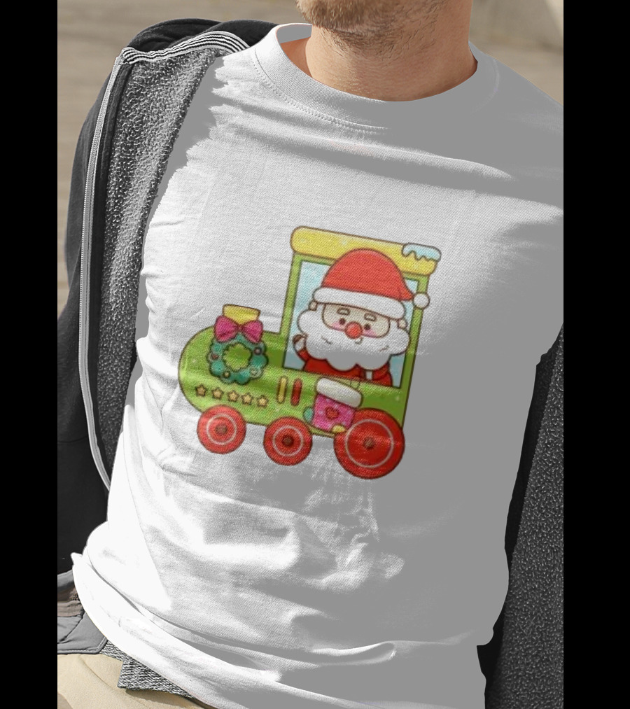 Santa Cute Christmas Train With Wreath And Stars T-Shirt
