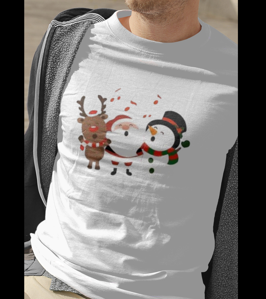 Santa Reindeer And Snowman Singing Christmas Carols Together T-Shirt