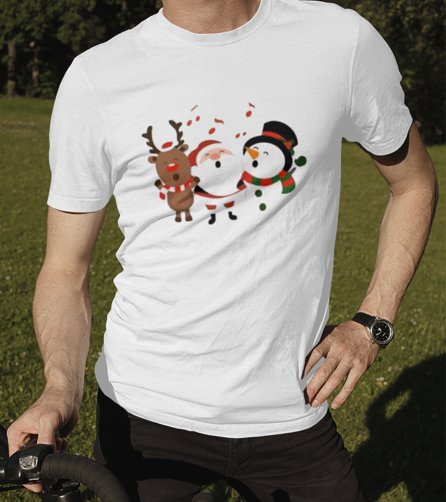 Santa Reindeer And Snowman Singing Christmas Carols Together T-Shirt