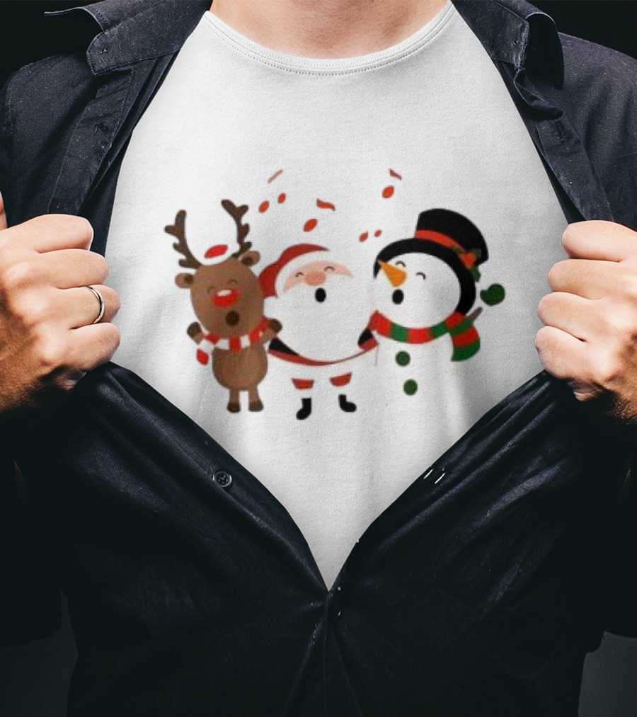 Santa Reindeer And Snowman Singing Christmas Carols Together T-Shirt