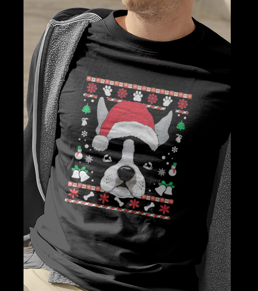 Ugly Christmas Boston Terrier In Santa Hat With Snowflakes And Paw Prints T-Shirt