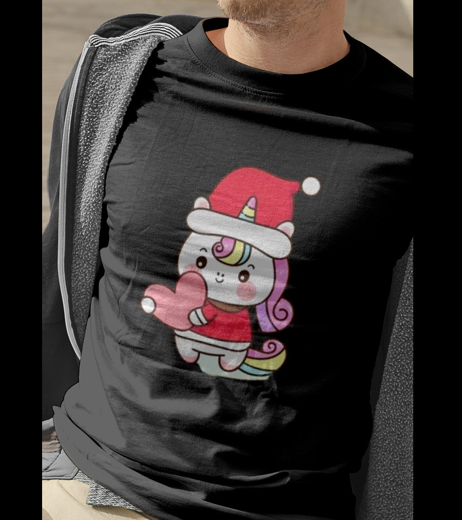 Unicorn Santa Hat Heart Christmas T-Shirt