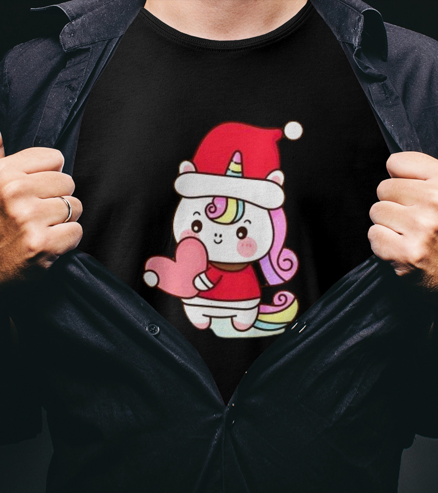 Unicorn Santa Hat Heart Christmas T-Shirt