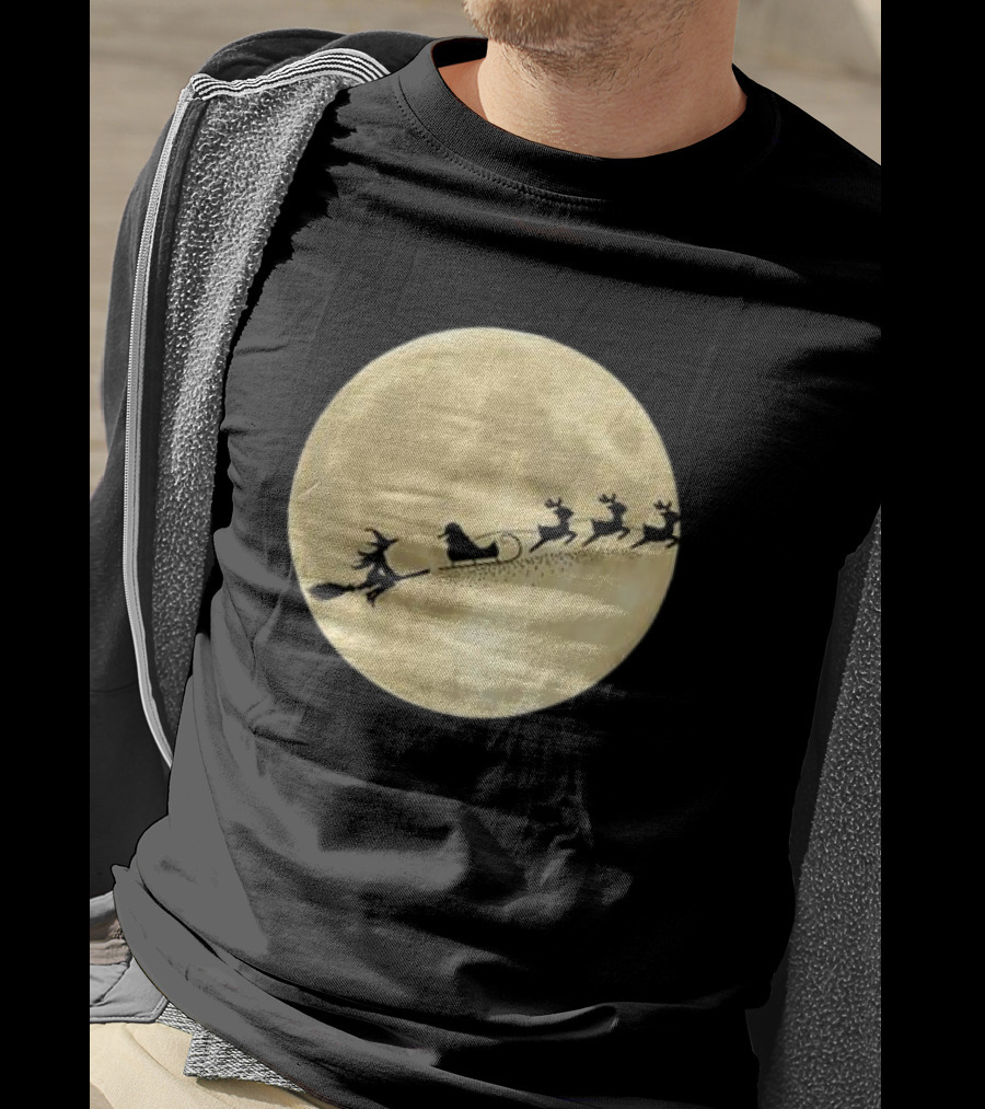Witch Riding With Santa's Sleigh In Full Moon Christmas Scene T-Shirt