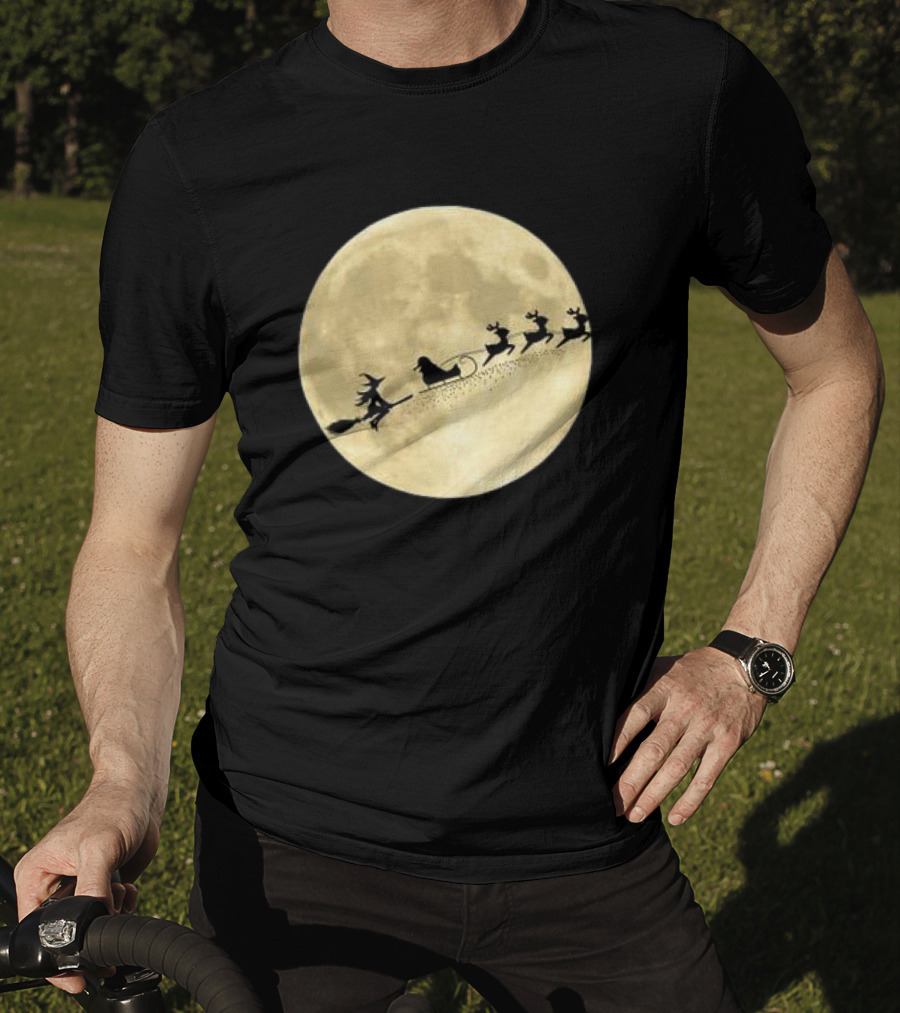 Witch Riding With Santa's Sleigh In Full Moon Christmas Scene T-Shirt