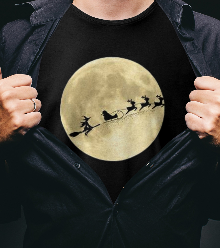 Witch Riding With Santa's Sleigh In Full Moon Christmas Scene T-Shirt