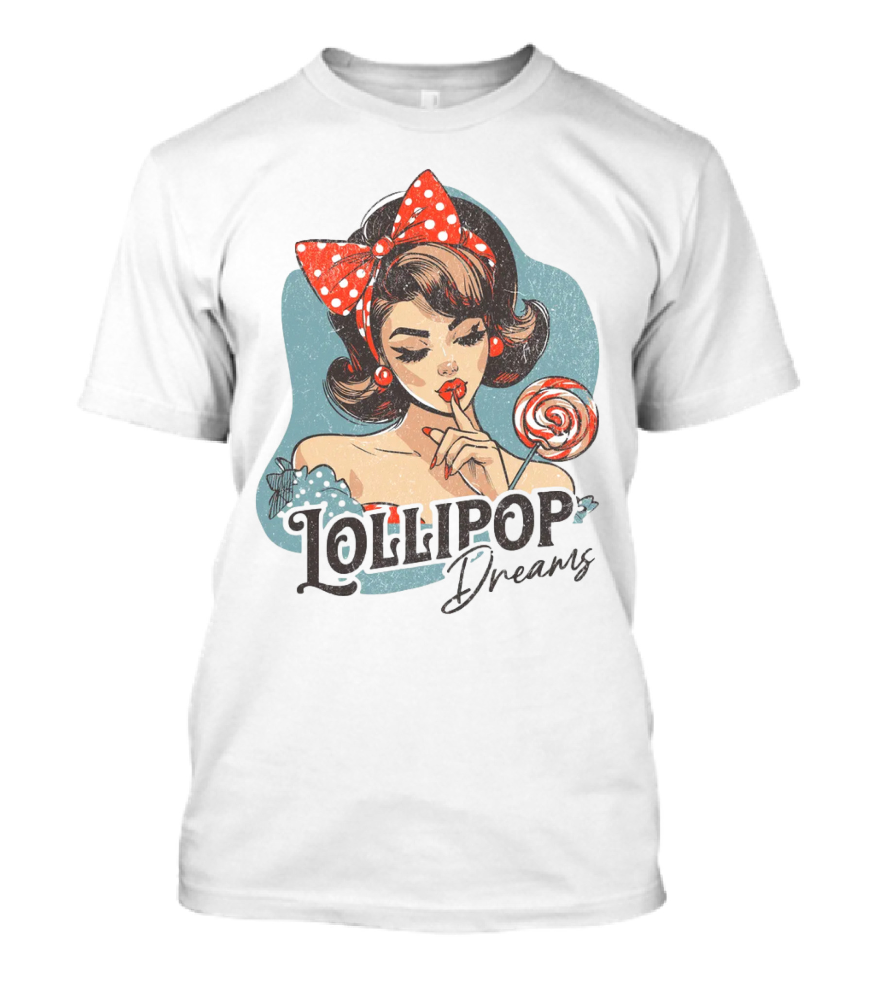 Lollipop Dreams Vintage Style Pinup Woman With Lollipop And Red Bow T-Shirt