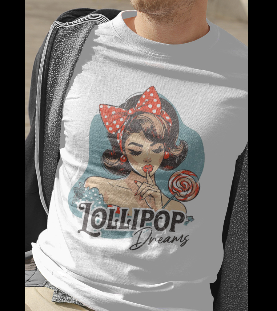 Lollipop Dreams Vintage Style Pinup Woman With Lollipop And Red Bow T-Shirt