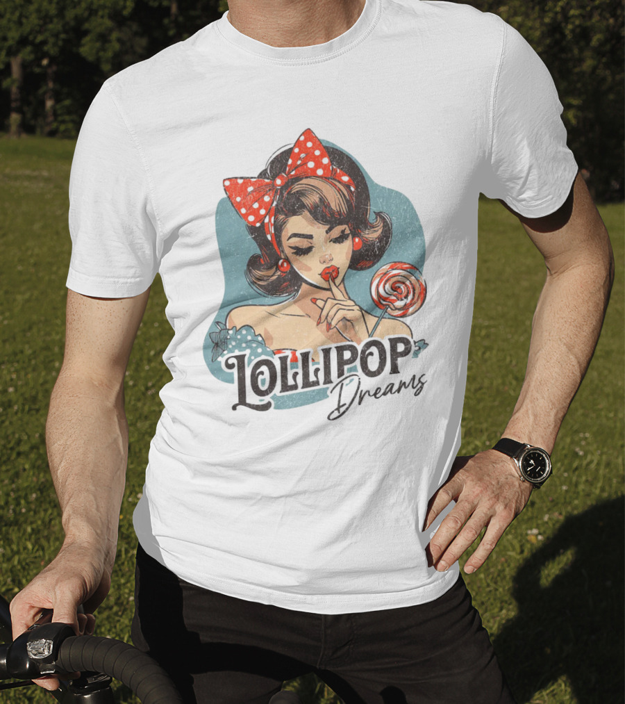 Lollipop Dreams Vintage Style Pinup Woman With Lollipop And Red Bow T-Shirt