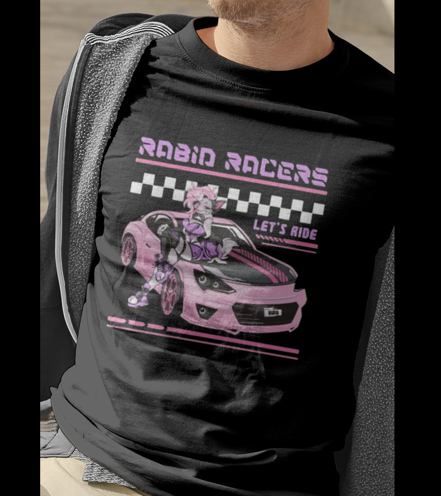 Rabid Racers Let’s Ride Pink Anime Style Racer Girl With Wufu License Plate T-Shirt