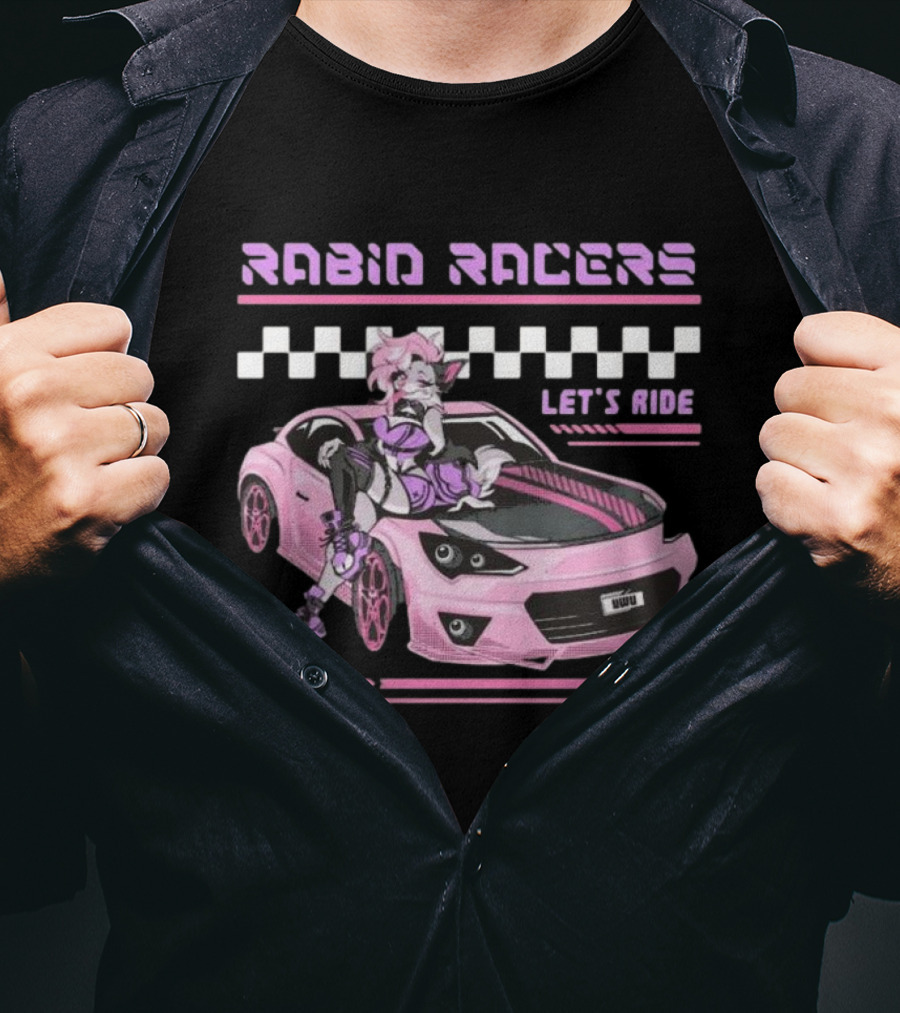 Rabid Racers Let’s Ride Pink Anime Style Racer Girl With Wufu License Plate T-Shirt