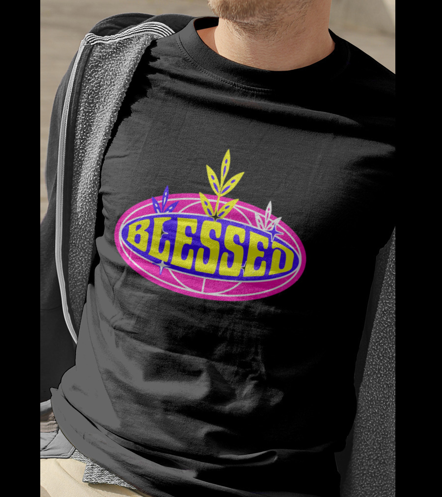 Blessed Vibrant Retro Style Oval Emblem With Leaves T-Shirt