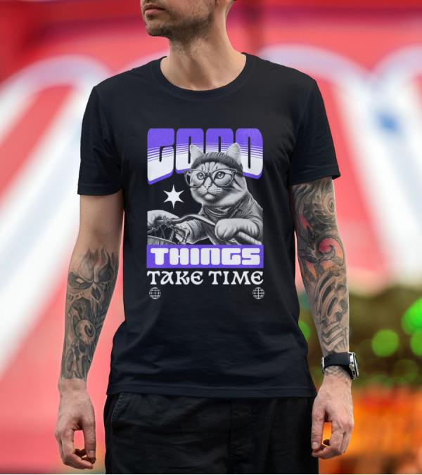 Premium T-Shirt: Good Things Take Time Cat in Glasses with Bicycle T-Shirt Good Things Take Time Cat in Glasses with Bicycle T-Shirt