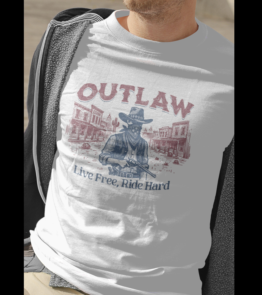 OUTLAW Live Free, Ride Hard Cowboy Western Scene T-Shirt