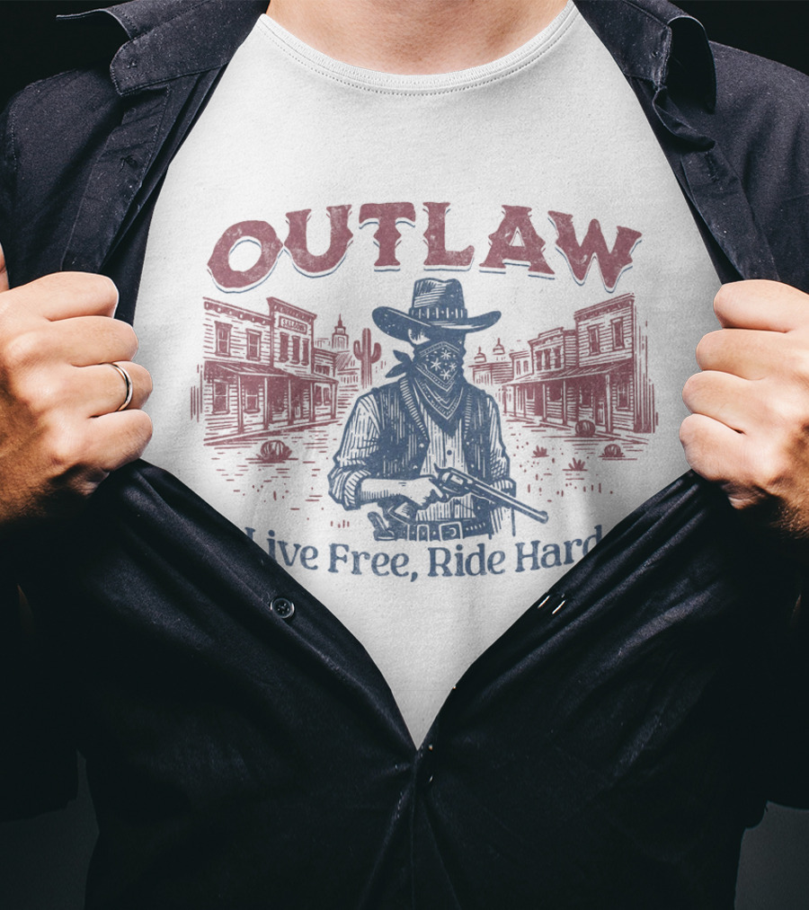 OUTLAW Live Free, Ride Hard Cowboy Western Scene T-Shirt