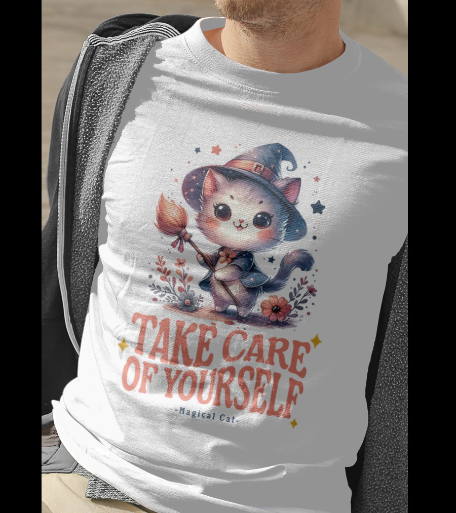 Take Care Of Yourself Magical Cat Wizard Hat Broomstick T-Shirt