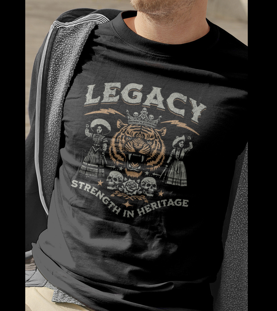 Legacy Strength In Heritage Tiger Skulls And Flowers T-Shirt
