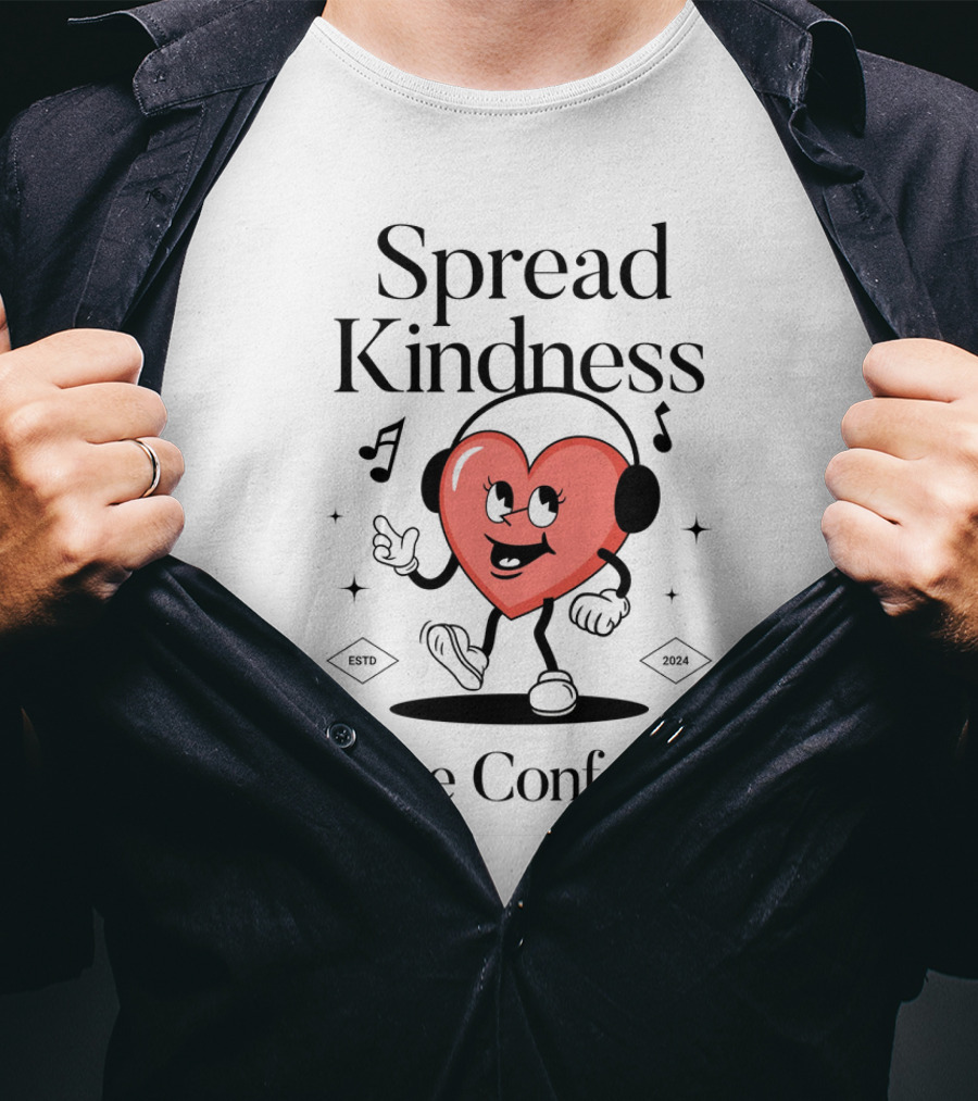 Spread Kindness Like Confetti Heart Character With Headphones Music Notes T-Shirt