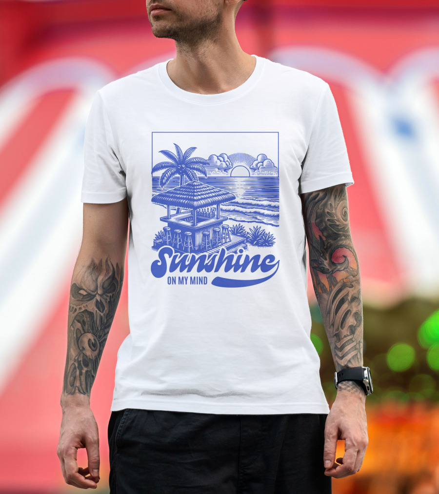 Sunshine On My Mind Vintage Beach Hut and Sunset Scene T-Shirt