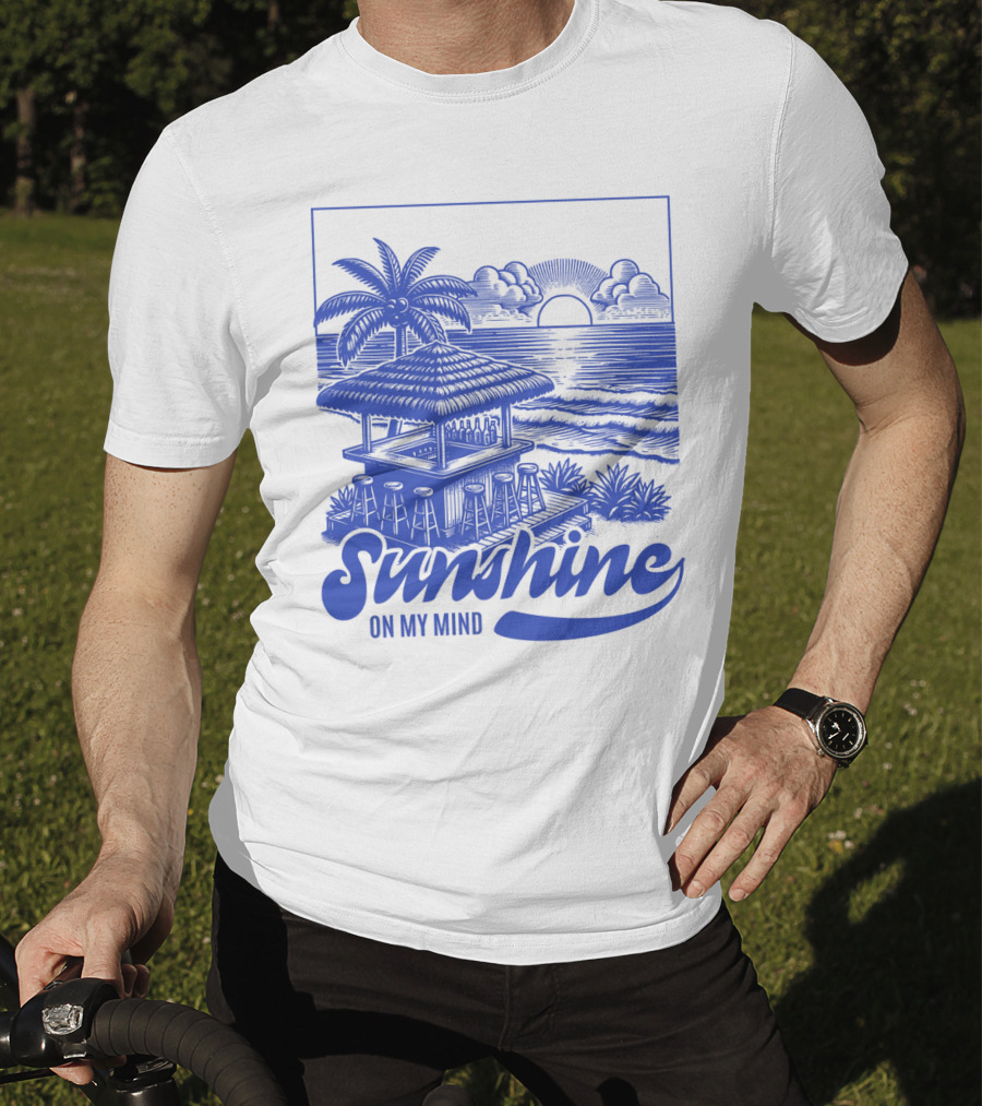 Sunshine On My Mind Vintage Beach Hut And Sunset Scene T-Shirt