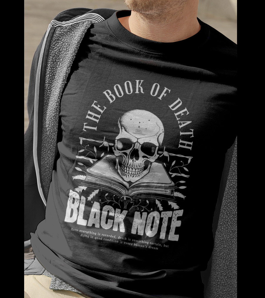 The Book Of Death Black Note Skull With Open Book T-Shirt