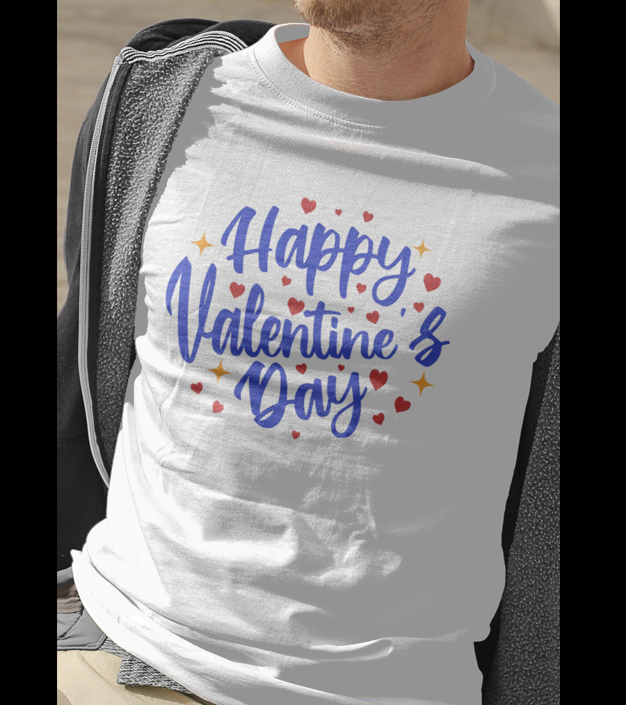 Happy Valentine's Day Blue Script With Hearts And Stars T-Shirt