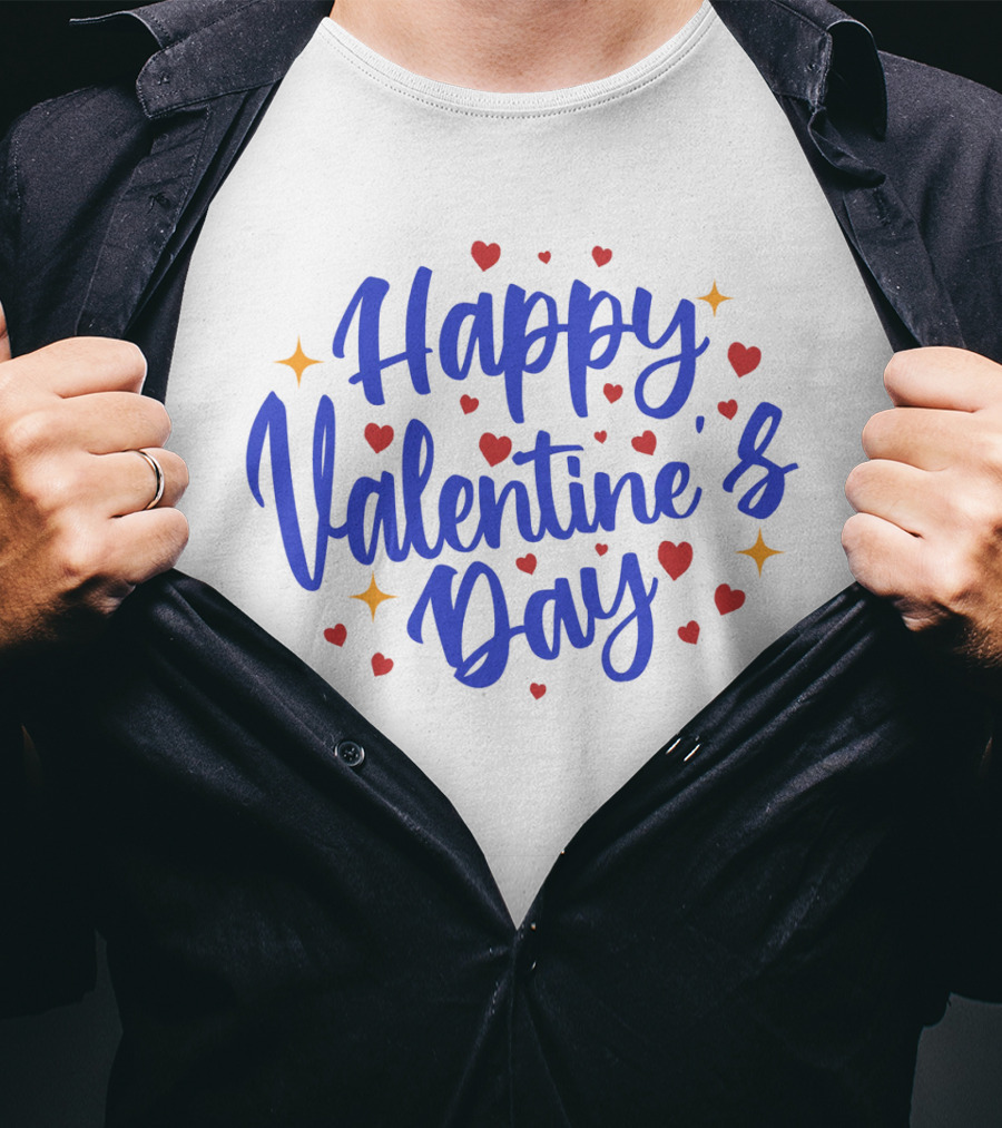 Happy Valentine's Day Blue Script With Hearts And Stars T-Shirt