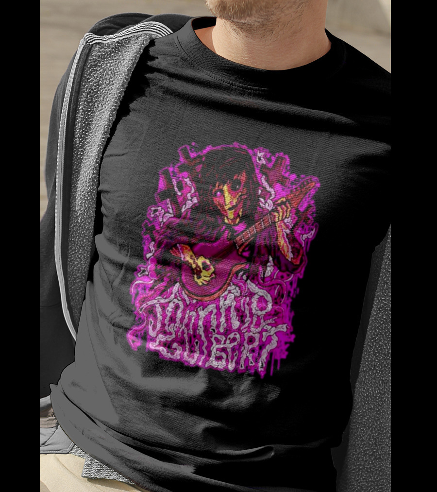 Zombie Johnnie Guilbert Playing Guitar With Pink Crosses And Skull T-Shirt