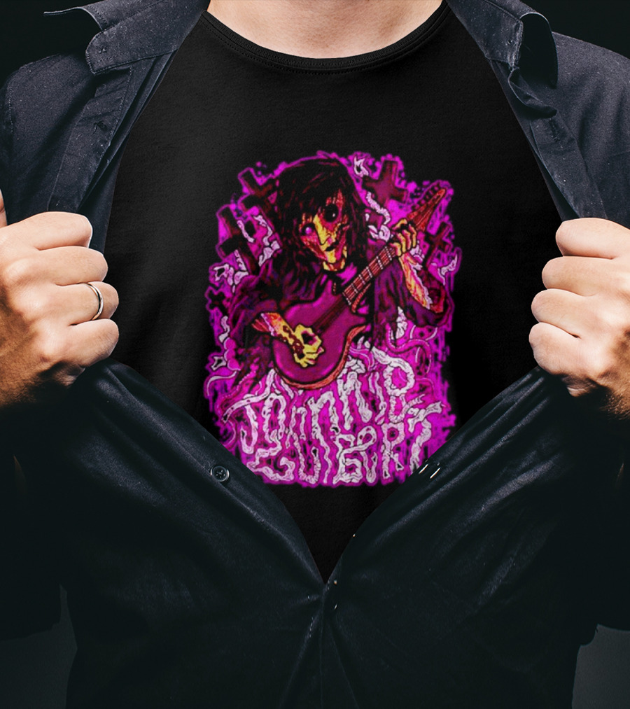 Zombie Johnnie Guilbert Playing Guitar With Pink Crosses And Skull T-Shirt