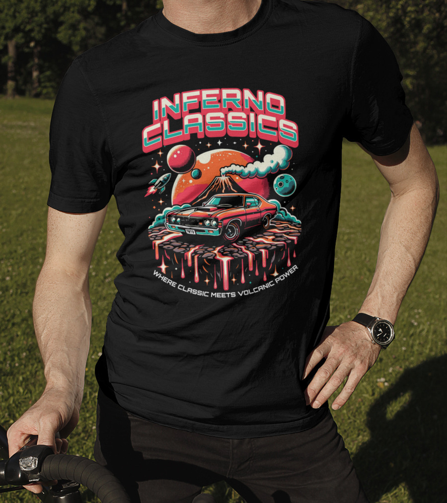 Inferno Classics Where Classic Meets Volcanic Power Planetary Muscle Car Volcano Scene T-Shirt