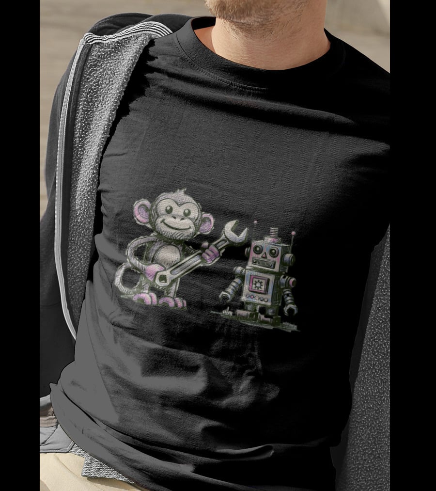 Monkey Wrench Holding Monkey And Robot Companion T-Shirt