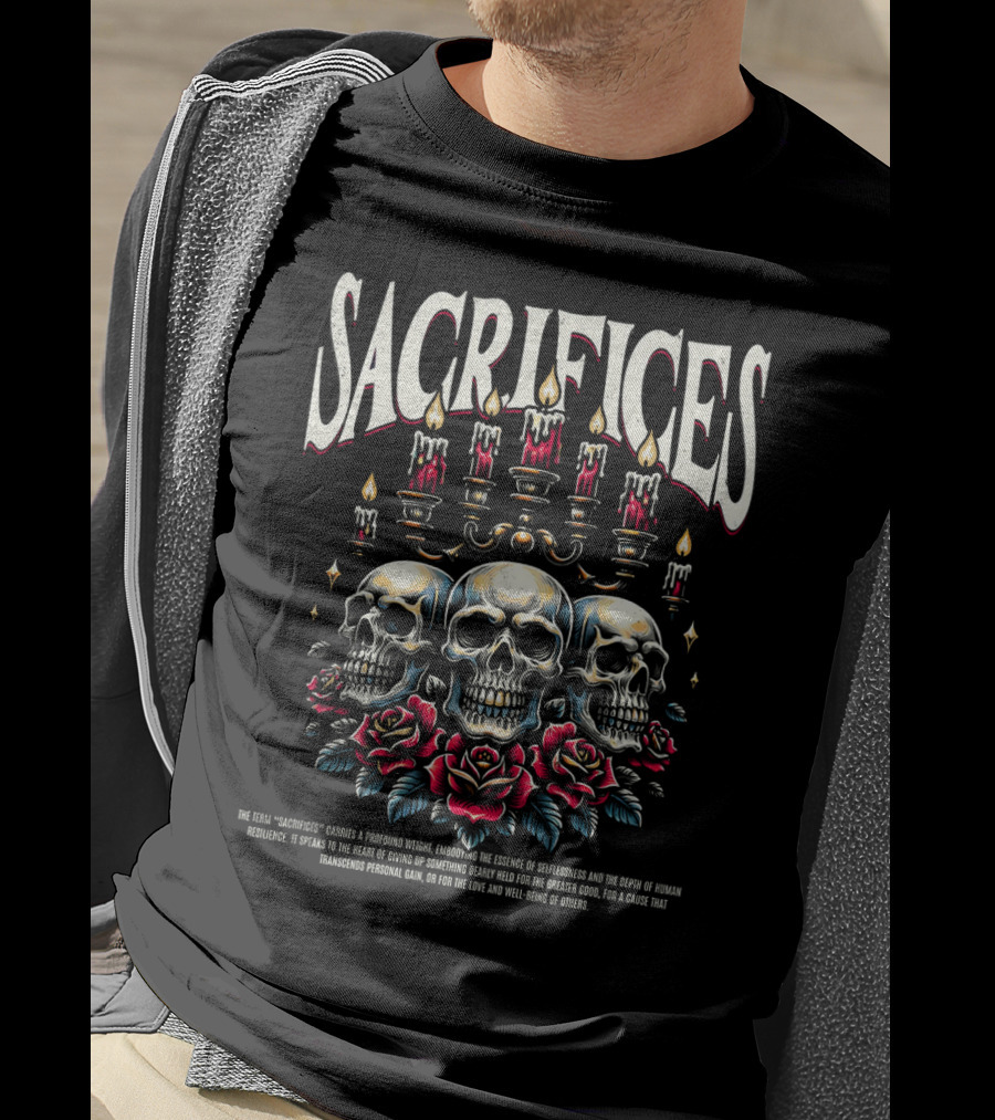 SACRIFICES Skulls Candles Roses Profound Weight Emotions Human Resilience Transcending Personal Gain T-Shirt