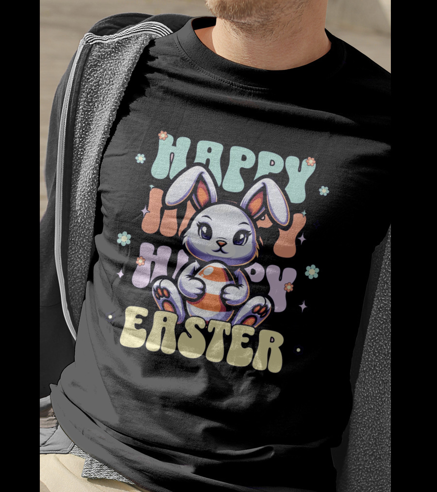 Happy Easter Bunny Holding Egg Pastel Flowers T-Shirt