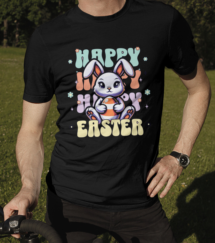 Happy Easter Bunny Holding Egg Pastel Flowers T-Shirt