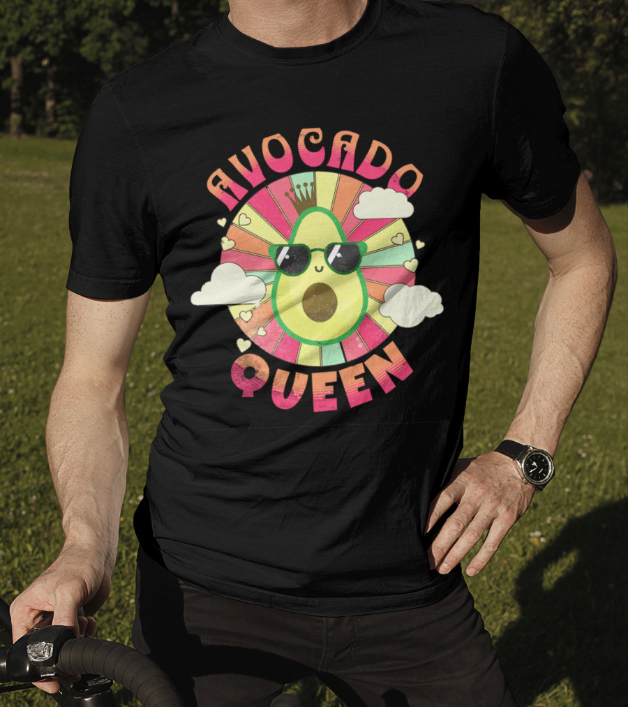 Avocado Queen Kawaii Crown Sunglasses Retro Sunburst Hearts Clouds T-Shirt