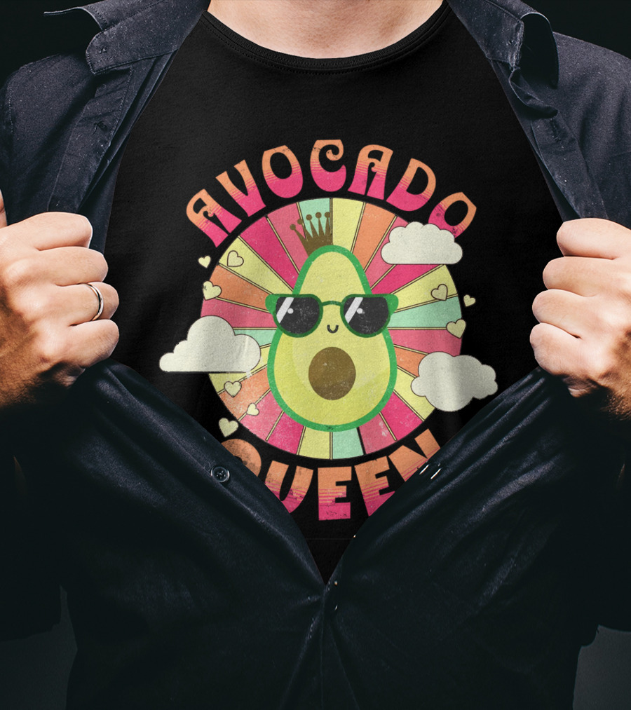 Avocado Queen Kawaii Crown Sunglasses Retro Sunburst Hearts Clouds T-Shirt
