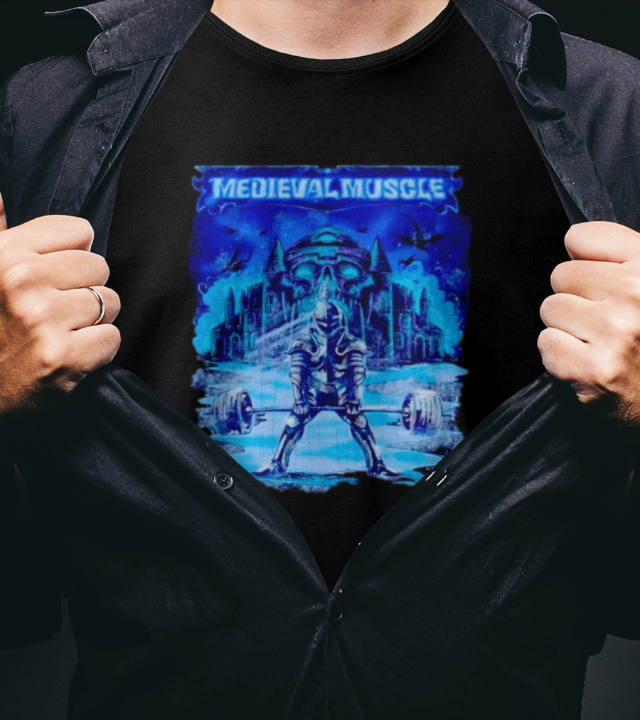 Medieval Muscle Knight Lifting Weights In Gothic Castle Scene T-Shirt