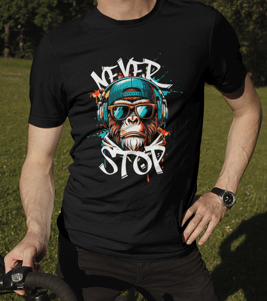 NEVER STOP Cool Monkey In Headphones T-Shirt