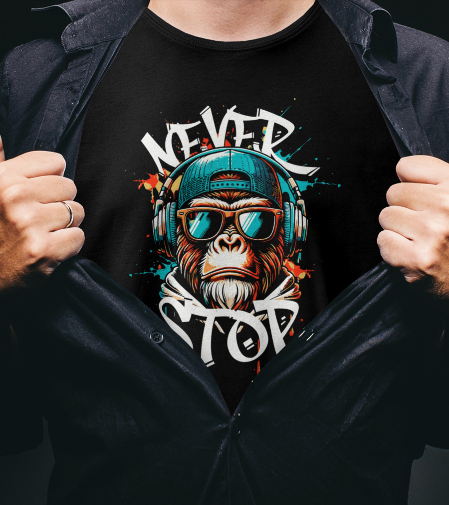 NEVER STOP Cool Monkey In Headphones T-Shirt