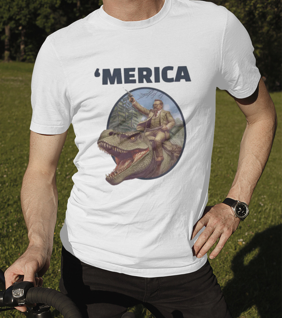 Macrodosing 'Merica Roosevelt Riding Dinosaur With Gun T-Shirt