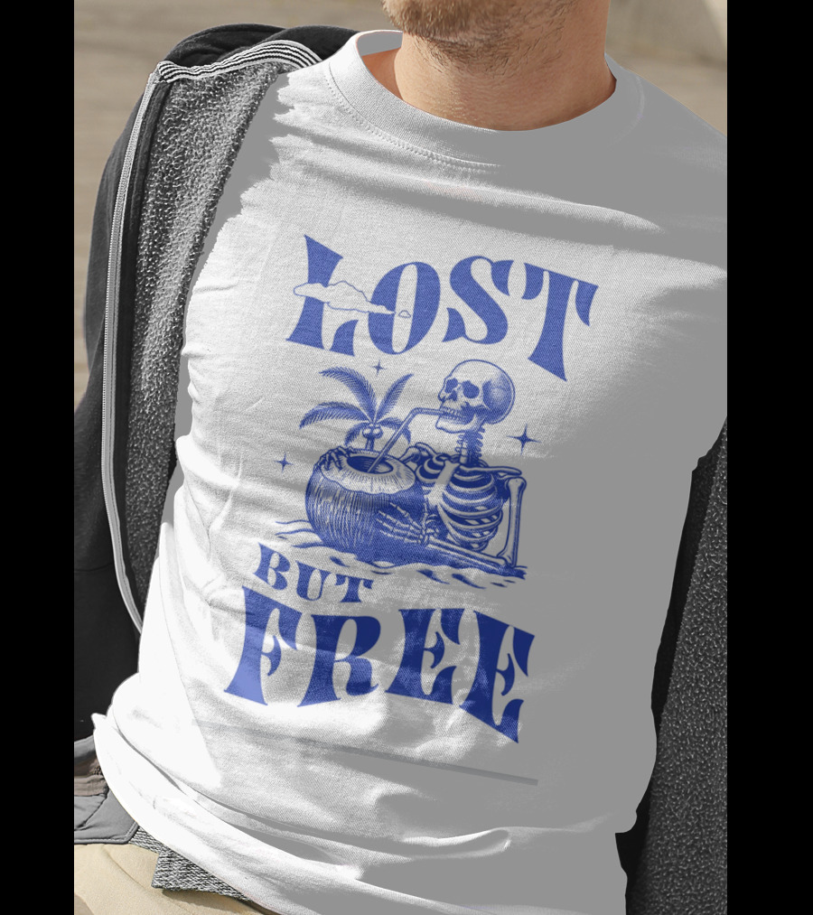 Lost But Free Skeleton With Coconut Drink Beach Vintage T-Shirt
