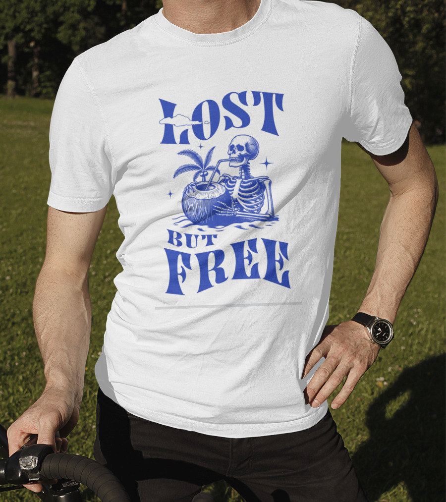 Lost But Free Skeleton With Coconut Drink Beach Vintage T-Shirt
