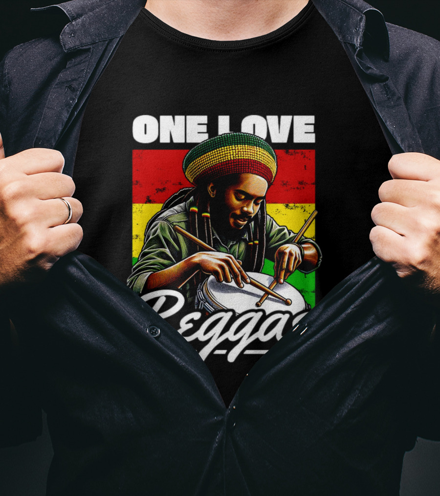 One Love Reggae Drummer With Rasta Colors T-Shirt