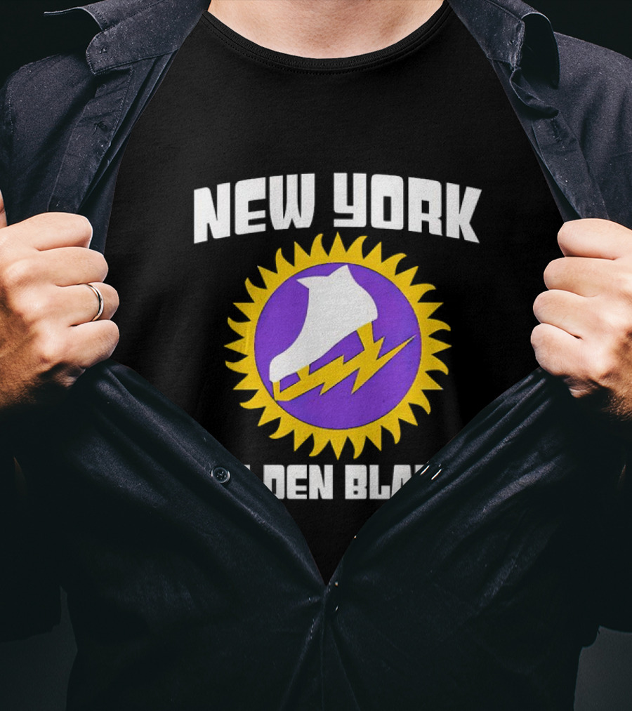 New York Golden Blades Ice Skate Logo With Purple And Gold Sunburst T-Shirt