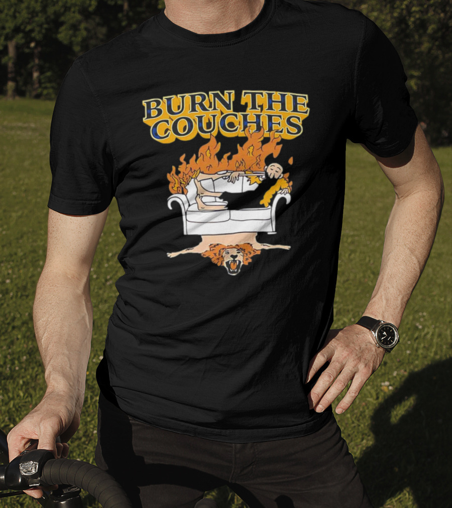 Burn The Couches Flaming Couch Cartoon Lion Rug T-Shirt