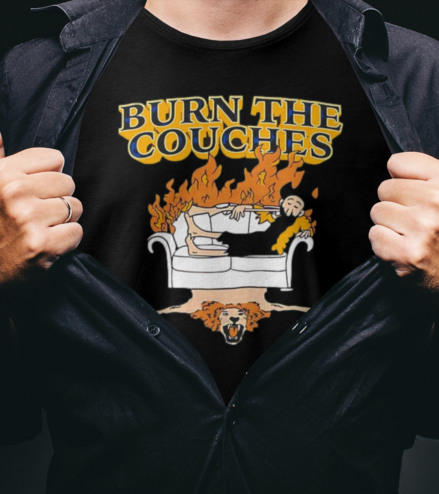 Burn The Couches Flaming Couch Cartoon Lion Rug T-Shirt