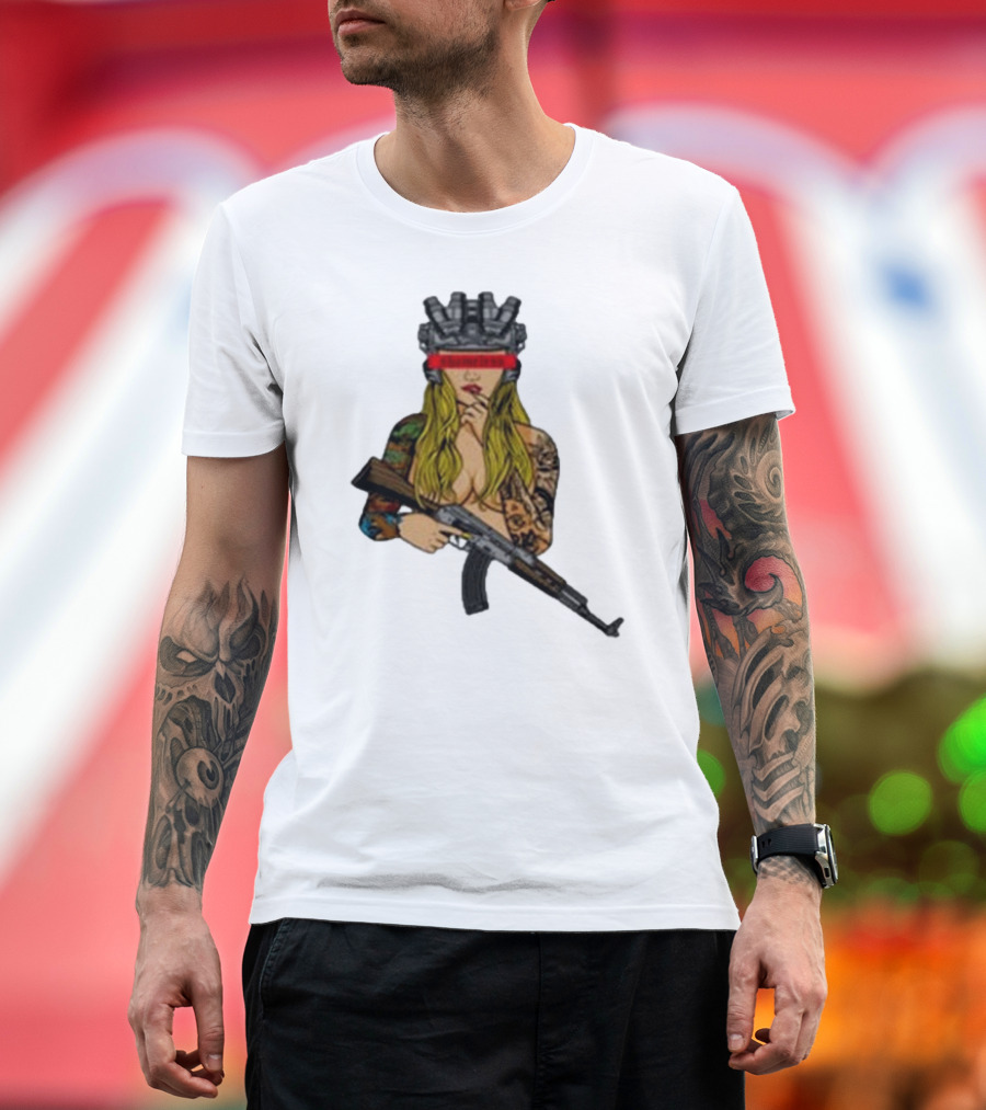 Shameless AK 2024 Futuristic Warrior with Tattoos and Rifle T-Shirt